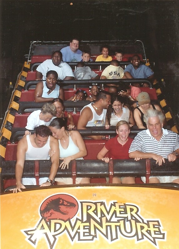 This was a very powerful log-ride. It tooks us through Jurassic Park ending with huge unexpected drop right when an attacking T-Rex was about to eat us. Well now you understand the facial expressions