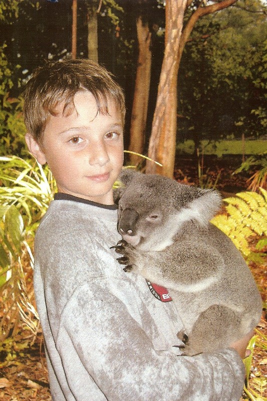 Jacob petting a Koala at the Koala sanctuary, Brisbane, Australia