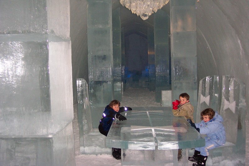 Our Kids around the Ice Table in the lobby. Clock-wise from left Jacob, David, and Rachel