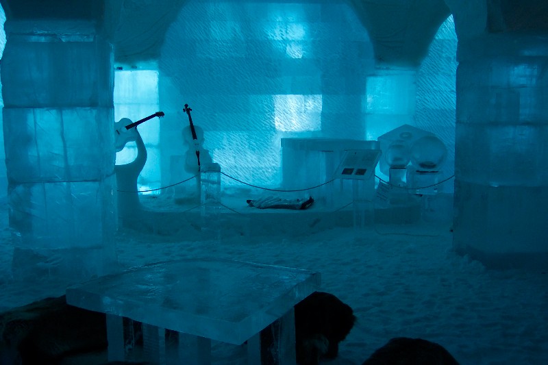 Scene at Ice Bar. The musical instruments were made out of Ice