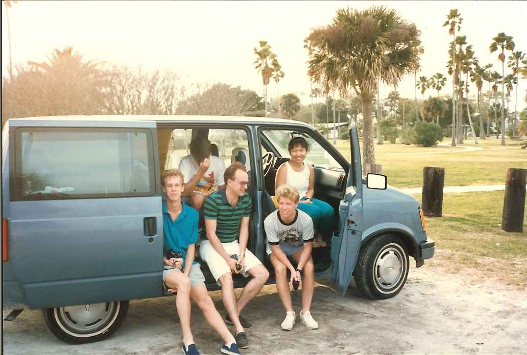 Swedes in Florida on Spring break. Jonas Olsson, Göran Ericsson, Anders Grönqvist, Viviann, and Per Jonasson inside the van