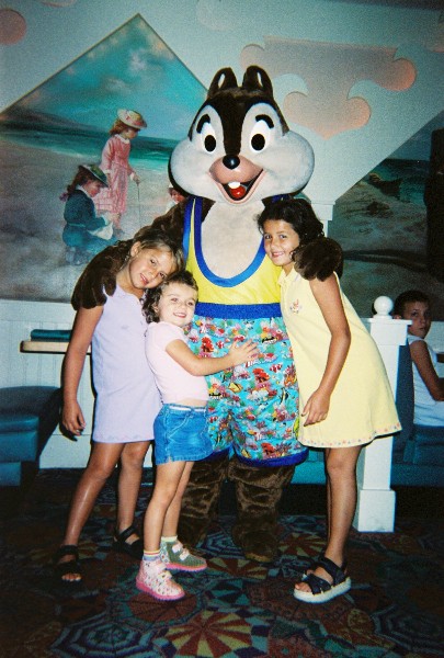 Chip or Dale gives Sara, Rachel and Anna a hug. Sara and Anna Van Newkirk are friends of us and Kleas daughters
