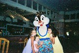 Chip or Dale gives Sara, Rachel and Anna a hug. Sara and Anna Van Newkirk are friends of us and Kleas daughters