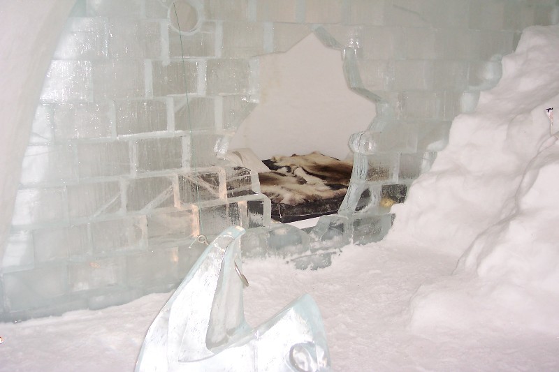 One of the rooms in the Ice Hotel, notice the big Ice Fish