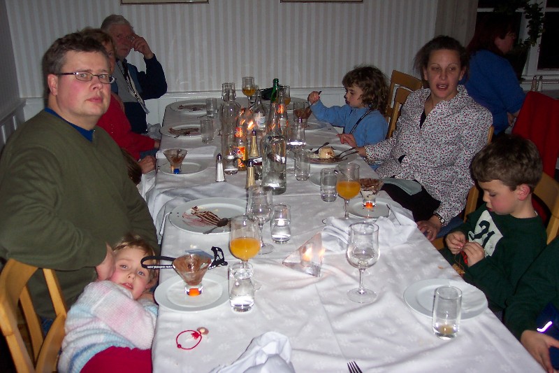 Dinner at the Ice Hotel Restaurant. People around the table counter clock-wise from Stig; Stig, Ulla, Stefan, Maria, Jacob (not fully visible), David, Claudia and Rachel. Alma is missing from this picture